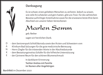 Traueranzeige von Marlen Semm von Südthüringer Presse