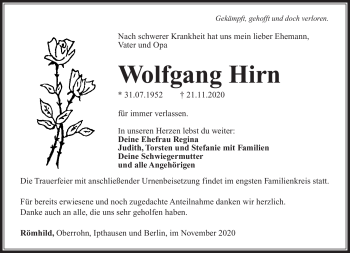 Traueranzeige von Wolfgang Hirn von Südthüringer Presse