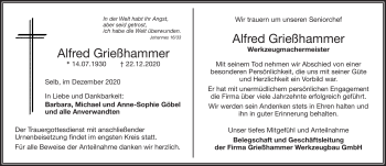Traueranzeige von Alfred Grießhammer von Frankenpost