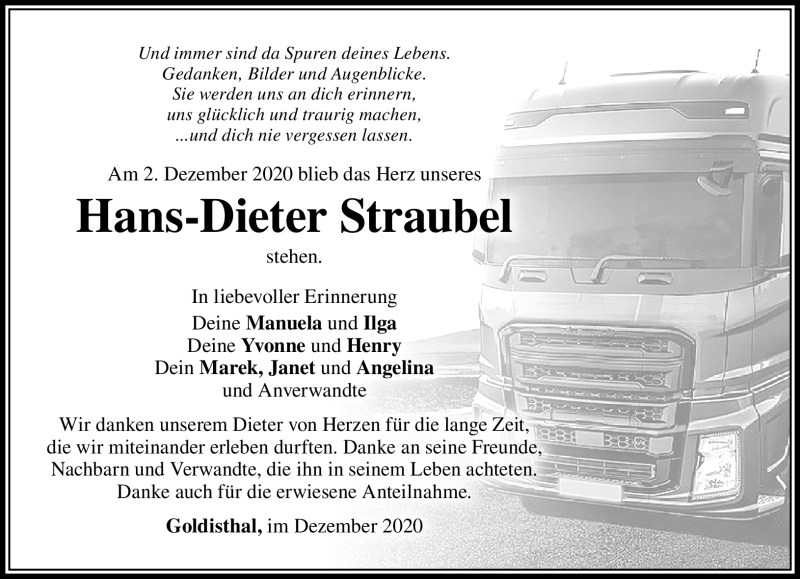  Traueranzeige für Hans-Dieter Straubel vom 12.12.2020 aus Südthüringer Presse