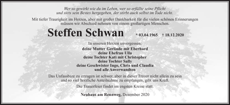  Traueranzeige für Steffen Schwan vom 29.12.2020 aus Südthüringer Presse
