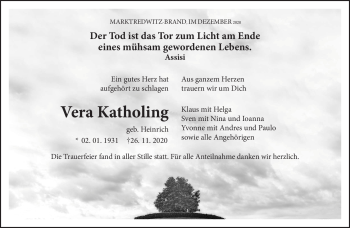 Traueranzeige von Vera Katholing von Frankenpost