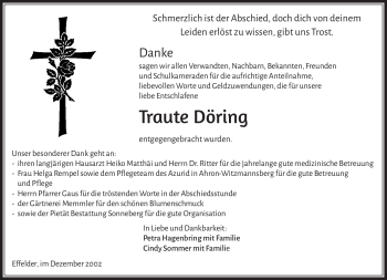 Traueranzeige von Traute Döring von Südthüringer Presse