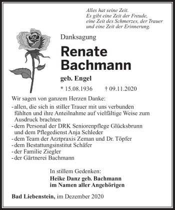 Traueranzeige von Renate Bachmann von Südthüringer Presse