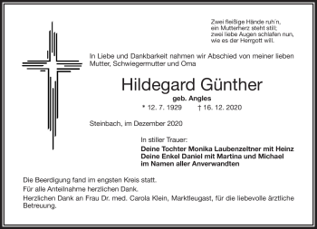 Traueranzeige von Hildegard Günther von Frankenpost