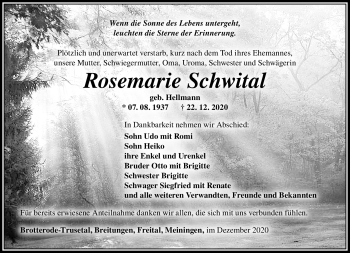 Traueranzeige von Rosemarie Schwital von Südthüringer Presse