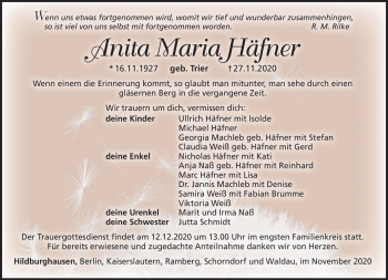 Traueranzeige von Anita Häfner von Südthüringer Presse