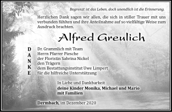 Traueranzeige von Alfred Greulich von Südthüringer Presse