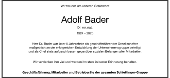 Traueranzeige von Dr. rer. nat. Adolf Bader von Frankenpost
