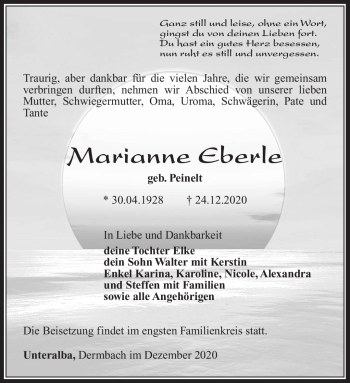 Traueranzeige von Marianne Eberle von Südthüringer Presse