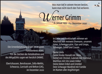 Traueranzeige von Werner Grimm von Südthüringer Presse