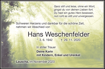 Traueranzeige von Hans Weschenfelder von Südthüringer Presse