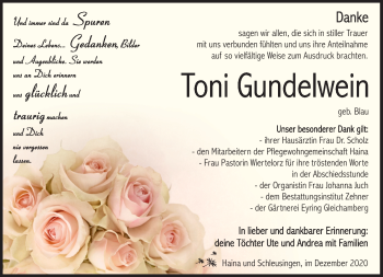 Traueranzeige von Toni Gundelwein von Südthüringer Presse