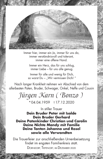 Traueranzeige von Jürgen Karn von Südthüringer Presse
