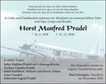 Traueranzeige von Manfred Pradel von Südthüringer Presse