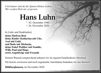 Traueranzeige von Hans Luhn von Südthüringer Presse
