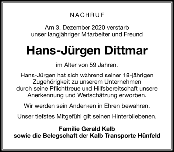Traueranzeige von Hans-Jürgen Dittmar von Südthüringer Presse