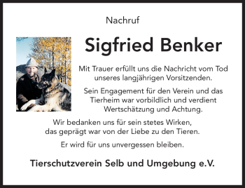 Traueranzeige von Sigfried Benker von Frankenpost