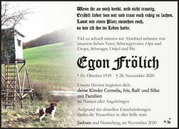 Traueranzeige von Egon Frölich von Südthüringer Presse