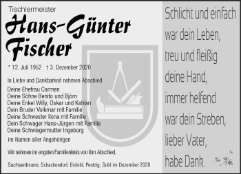 Traueranzeige von Hans-Güntjer Fischer von Südthüringer Presse