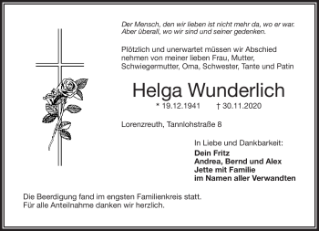 Traueranzeige von Helga Wunderlich von Frankenpost