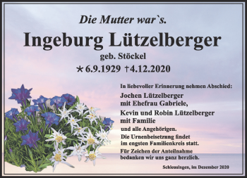 Traueranzeige von Ingeburg Lützelberger von Südthüringer Presse