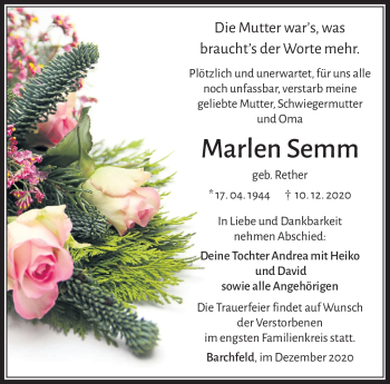 Traueranzeige von Marlen Semm von Südthüringer Presse