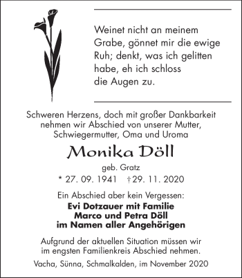 Traueranzeige von Monika Döll von Südthüringer Presse