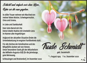 Traueranzeige von Trude Schmidt von Südthüringer Presse