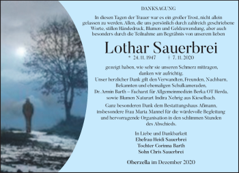 Traueranzeige von Lothar Sauerbrei von Südthüringer Presse