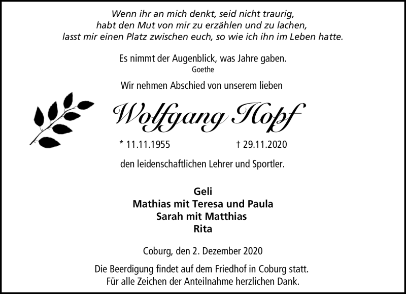  Traueranzeige für Wolfgang Hopf vom 02.12.2020 aus Neue Presse Coburg