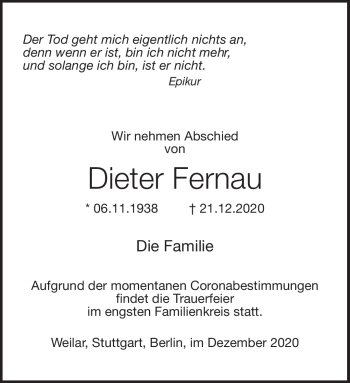 Traueranzeige von Dieter Fernau von Südthüringer Presse