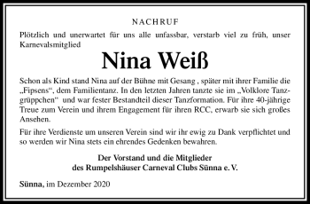 Traueranzeige von Nina Weiß von Südthüringer Presse