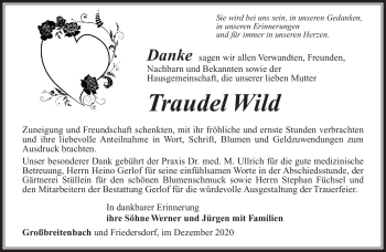 Traueranzeige von Traudel Wild von Südthüringer Presse