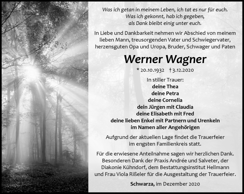  Traueranzeige für Werner Wagner vom 12.12.2020 aus Südthüringer Presse