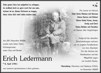 Traueranzeige von Erich Ledermann von Südthüringer Presse