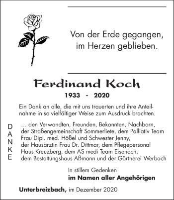 Traueranzeige von Ferdinand Koch von Südthüringer Presse