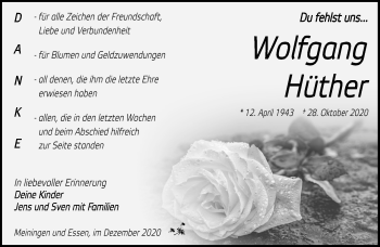 Traueranzeige von Wolfgang Hüther von Südthüringer Presse