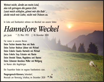 Traueranzeige von Hannelore Weckel von Südthüringer Presse