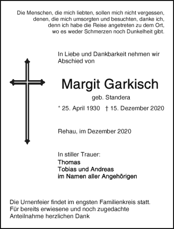 Traueranzeige von Margit Garkisch von Frankenpost
