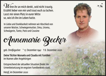 Traueranzeige von Annemarie Becker von Südthüringer Presse