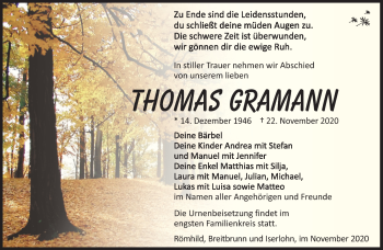 Traueranzeige von Thomas Gramann von Südthüringer Presse