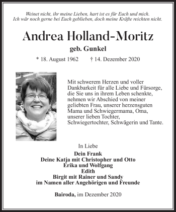 Traueranzeige von Andrea Holland-Moritz von Südthüringer Presse