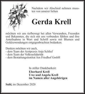 Traueranzeige von Gerda Krell von Südthüringer Presse