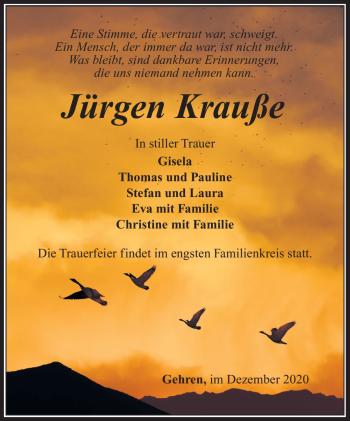 Traueranzeige von Jürgen Krauße von Südthüringer Presse