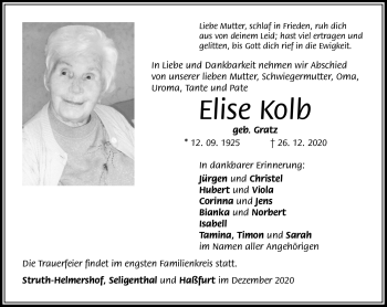 Traueranzeige von Elise Kolb von Südthüringer Presse
