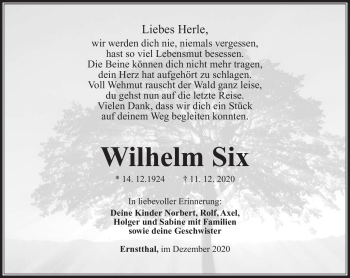 Traueranzeige von Wilhelm Six von Südthüringer Presse