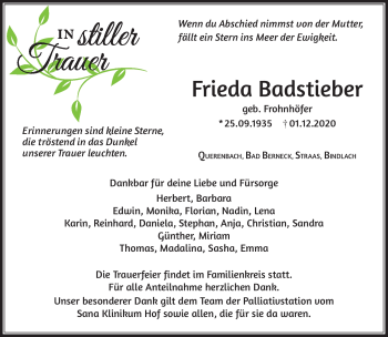 Traueranzeige von Frieda Badstieber von Frankenpost