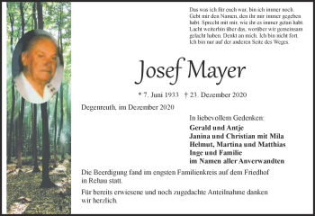 Traueranzeige von Josef Mayer von Frankenpost