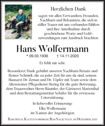 Traueranzeige von Hans Wolfermann von Südthüringer Presse